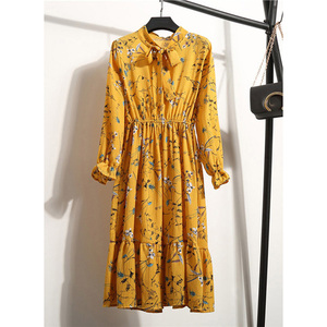 Women Casual <strong>Dress</strong> Lady Korean Style Vintage Floral Printed <strong>Chiffon</strong> Shirt <strong>Dress</strong> Long <strong>Sleeve</strong> Bow <strong>Midi</strong> <strong>Dress</strong> L0042 - Product Image 1