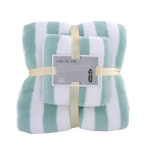 Wholesale Luxury Set Stripped Coral Fleece Luxury Bathroom coral velvet Bath Towel sets