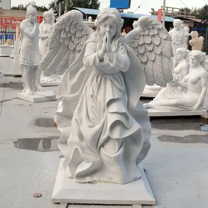Fatto a mano a grandezza naturale cimitero angelo piangente statue di marmo bianco pietra di marmo lapidi di angelo per la vendita