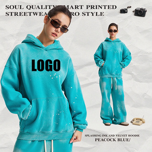 Sudadera con Capucha Oversize de 360GSM con Efecto Desgastado y Salpicaduras, Unisex, con Logotipo Personalizado, Lavado con Spray, Forro Polar Deshilachado, Mezcla de Algodón - Product Image 2