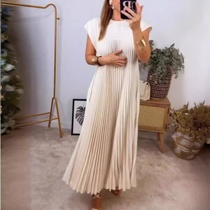 Robe jupe longue à la mode pour femmes avec col rond et détail plissé sans manches respirant bureau dame Style vêtements - Product Image 3