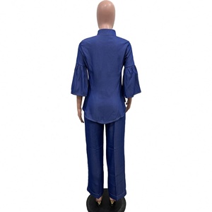 Trendy Design 2 Piece <strong>Denim</strong> Sets <strong>for</strong> <strong>Women</strong> High Collar Flare Sleeve <strong>Denim</strong> Top and Straight Leg Jeans Set <strong>for</strong> <strong>Women</strong> - Product Image 6