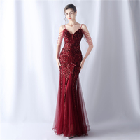 Robe de soirée haut de gamme en maille pailletée de haute qualité pour femmes, élégante, col en V, robe de bal en queue de poisson avec pompon, banquet exquis.