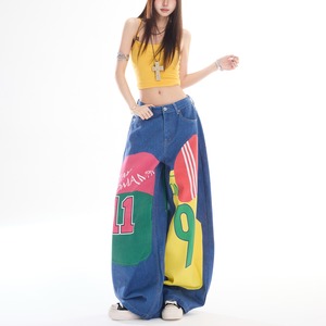 <span class=keywords><strong>Jeans</strong></span> a Gamba Larga con Stampa Grafica Y2K per Donne, Pantaloni in Denim Patchwork a Vita Alta, Streetwear Multicolore, Pantaloni Hip Hop - Product Image 3