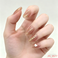 Vente en gros de faux ongles en or nude personnalisés, ongles en amande moyens, réutilisables, logo personnalisé, 24 pièces