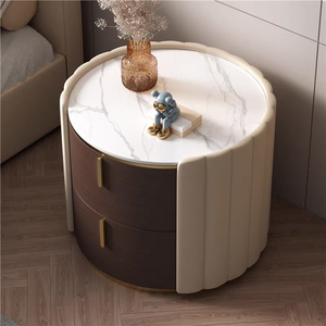 Table de chevet en bois massif ronde de luxe légère, style minimaliste, design haut de gamme, en cuir et en pierre - Product Image 2