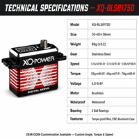 Servomoteur robotique numérique sans balais 75 kg XQ-POWER XQ-BLS8175D étanche avec engrenage en acier inoxydable et aluminium CNC 8,4 V pour drone quadricoptère