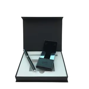 PU Leather Stainless Steel Business Card Case With Magnetic Shut Business Card Holder And Pen Gift Set