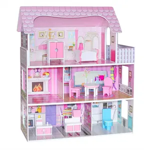 批发中国工厂价格木制娃娃屋带8件配件Diy工艺屋批发女孩模型玩具娃娃屋