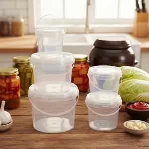 Seau en plastique rond transparent recyclable PP écologique non toxique de qualité alimentaire avec poignées et couvercles pour confitures et cornichons - Product Image 1