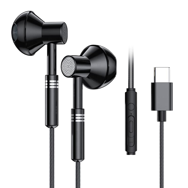 Metal Finish Type-C Wired Earbuds Dual Interface Headphones Mic Equipped IPX-3 Waterproof Sports Gaming Smartphone Use Universal
