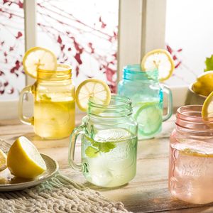 Mason Jar Drinking Glasses 15 oz Colored Mugs With Embossed Ice-Cold Drinkware Logo Glass Mason Jar Mug With Handle