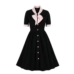 水手领子黑色粉色拼布单排扣复古连衣裙VD2232短袖俱乐部晚会女士连衣裙