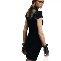 Robe élégante noire ajustée à manches courtes et col montant pour occasions formelles, vente en gros, faible MOQ