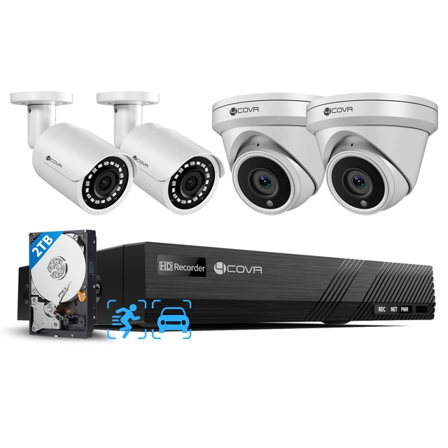 4COVR 4Pcs 5Mp 8-Channel PoE Security Camera System 2TB HDD Outdoor Indoor Mixed CCTV IP NVR Kit Full Set AI Human Detection