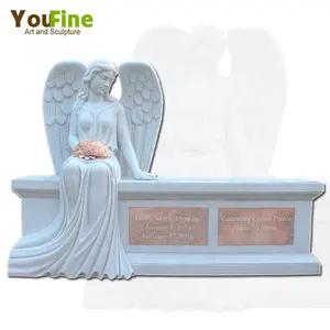 Natural stone marble Sitting Angel statue with flowers Memorial headstone