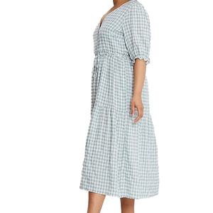 Wholesale Custom OEM Hight Quality Women <b>Dress</b> Casual V-neck Short Sleeves Checkered Print Midi <b>Dress</b> - Product Image 4