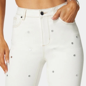 Jeans décontractés blancs de haute qualité pour femmes 2025, jeans skinny avec strass pour femmes - Product Image 3