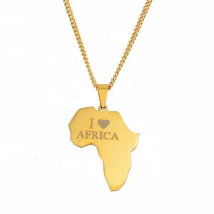 'I LOVE AFRICAN' laser engrave African map shape jewelry stainless steel gold African pendant necklace for men women