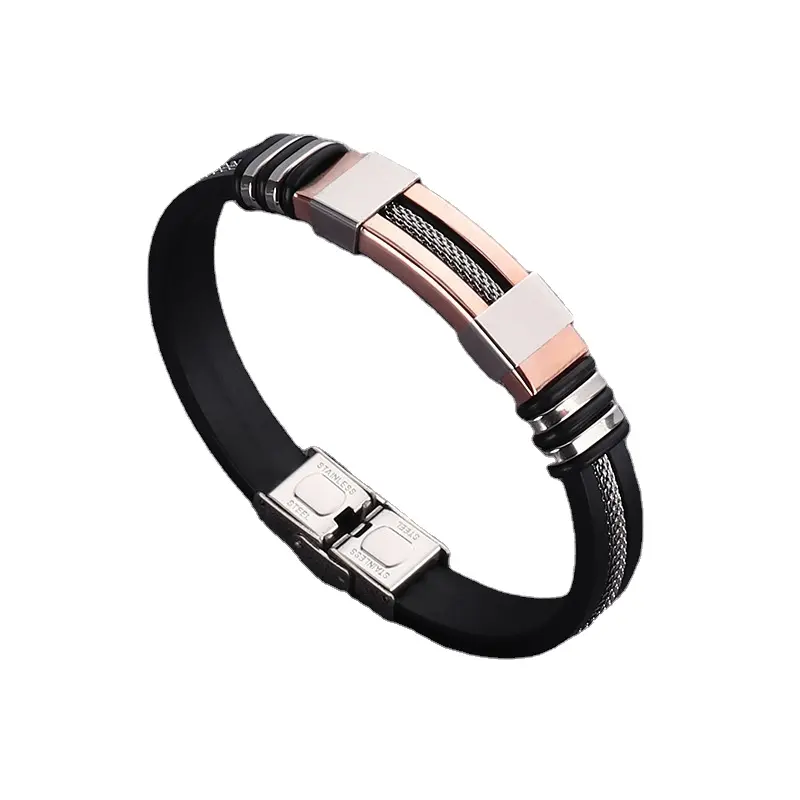 Boyfriends Jewelry Gift Cable Insert Grooved Rubber Wristband 10mm Stainless Steel Mesh Wire Silicone Bracelet