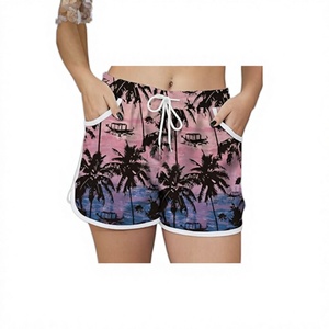 Shorts pour femmes à imprimé tropical avec poches, taille à cordon de serrage, tenue décontractée d'été, motif palmier rose et violet - Product Image 3
