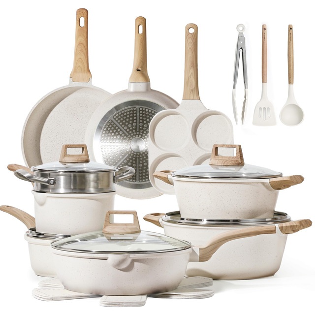 CAROTE 14-Piece Granite White Non-Stick Induction Cookware Set Eco-Friendly Modern Design PFOA/PFOS Free Kitchenware