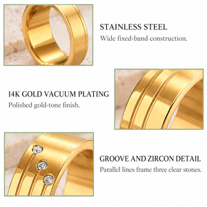 แหวนสแตนเลสสตีลสีทองประดับเพชรซิร์คอน ชุบทอง 14K แบบสุญญากาศ ลายเส้นสามเส้น วงกว้างแบบติดแน่น - Product Image 4