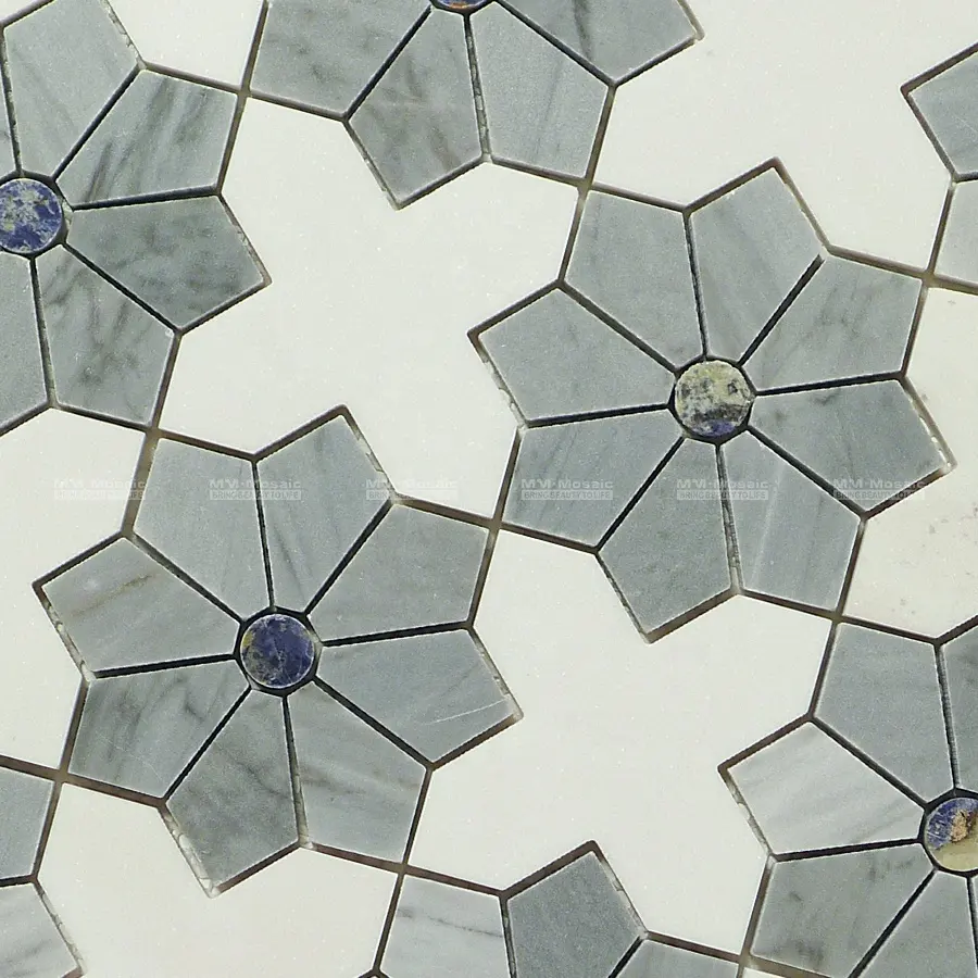 Star And Cross Grey White Carrara Flower Pattern Waterjet Tile Marble Mosaic For Interior Wall Backsplash Floor Decor