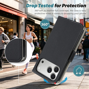Étui portefeuille premium pour <span class=keywords><strong>iPhone</strong></span> 17 16 15 14 13 Pro Max, blocage RFID, 360° °   Housse antichoc avec sangle de poignet et support intégré - Product Image 2