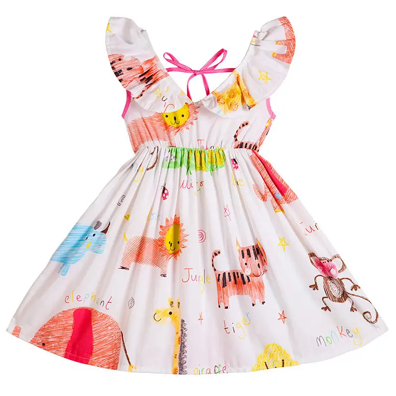 Wholesale Girls V -neck Dress Sleeveless Ruffles Cartoon Print Child Girl Dress Kids Dresses for Girls Clothing