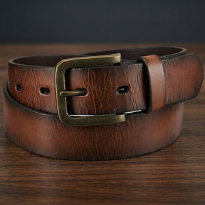 Vintage <b>Brown</b> Cow Hide <b>Leather</b> <b>Belts</b> <b>Men's</b> Accessories High Quality Genuine Steel Pin Buckle Waterproof Eco-Friendly Durable - Product Image 1