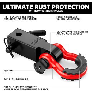 Attelage de récupération robuste Autobots Shackle Hitch 2 pouces, rouge et noir, capacité maximale 45000 lb, avec manille de 3/4 pouces, compatible avec attelage de 2 pouces - Product Image 2