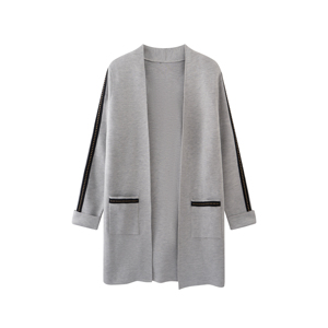 <span class=keywords><strong>Cardigan</strong></span> Lungo da <span class=keywords><strong>Donna</strong></span> in Maglia Grigia con Bordo Decorato a Borchie, Cappotto Casual per Stratificazione - Product Image 1
