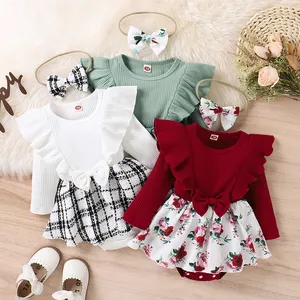 Groothandel Herfst Winter Baby Jumpsuit Lange Mouwen Ruche Bloemen Baby Meisjes Romper Jurk Pasgeboren Kleding