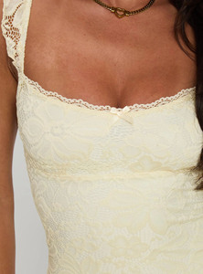 Robe courte vintage pour femme en coton 100% brodée avec dentelle jaune, col carré, bretelles à volants, coupe trapèze, robe de fête élégante pour l'été - Product Image 6