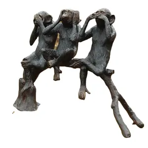 Escultura clásica de <span class=keywords><strong>Tres</strong></span> <span class=keywords><strong>Monos</strong></span> <span class=keywords><strong>Sabios</strong></span> de bronce de tamaño real artesanal de metal a la venta - Product Image 1