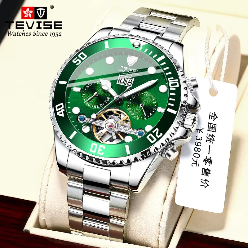 Tevise 823F מזדמן mens שעונים קלאסי ירוק כחול נירוסטה להקת יד שעונים