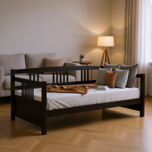 Lit de repos double en bois massif, finition expresso, lit multifonctionnel avec rangement pour chambre à coucher ou salon - Product Image 2