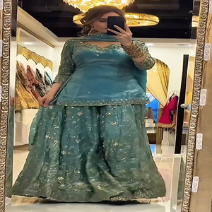 Traditional Blue Indian <b>Pakistani</b> Silk Top-Sharara Dupatta Set Embroidery Sequins Work for Women <b>Eid</b> Ramzan Special - Product Image 2