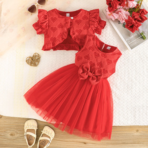 婴儿服装套装 2026 夏季幼儿女孩红色短款上衣 + 蕾丝蝴蝶结薄纱无袖连衣裙 2 件套 - Product Image 1