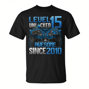 T-shirt débloqué niveau 15, design Gamer pour garçon de 15 ans, génial depuis 2010, manches courtes, col rond - Product Image 2
