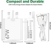 Chargeur rapide Xiaomi 67W, adaptateur secteur USB 67W, prise UK, câble Type C 6A pour Xiaomi 13T 13 12 Lite Redmi Note 13 12 11