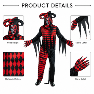 Disfraz de Payaso Terrorífico de Halloween 2026, Mono Rojo y Negro para Adultos - Product Image 3