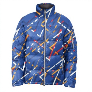 Veste matelassée pour homme à imprimé géométrique bleu avec col montant, coupe-vent, manteau d'hiver, coupe régulière, rembourrage en polyester, style décontracté - Product Image 1