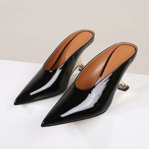 Pointed Toe Sandalias Mujer Tacon Alto Shiny PU Leather Trendy Slippers Mules <b>Shoes</b> Heels for Ladies Women 2024 - Product Image 3
