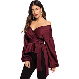 MANNI Manica Lunga Con Scollo A V Volant Camicetta Off Spalla Borgogna Delle Donne Camicette - Product Image 3