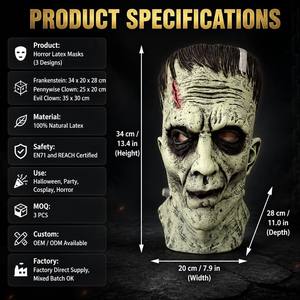 Ensemble de masques en latex d'horreur - Frankenstein Pennywise <span class=keywords><strong>Clown</strong></span> maléfique 3 modèles Certifié EN71 REACH |   Cosplay d'<span class=keywords><strong>Halloween</strong></span> en gros OEM - Product Image 5