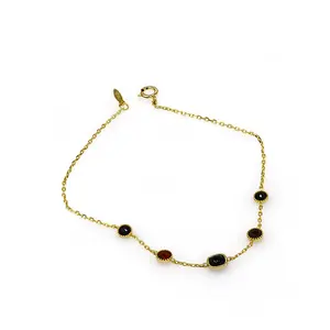 Joacii Jewelry Handmade 925 Sterling Silver 14K Gold Plated Gemstone Series Bezel Red Garnet Black Onyx Bracelet