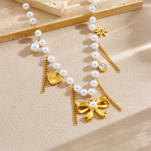 European American Style Pearl Bow Heart Sun Pendant Chain Beaded Women's Collarbone Necklace - Product Image 2