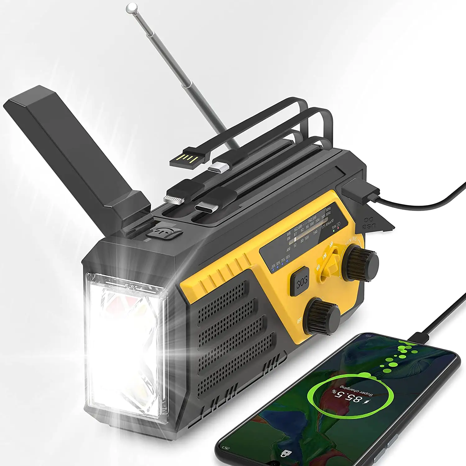 Eingebaute Kabel schnelles Aufladen 6000 Mah tragbares Handkurbel-Ladegerät Sos Alarm Radio